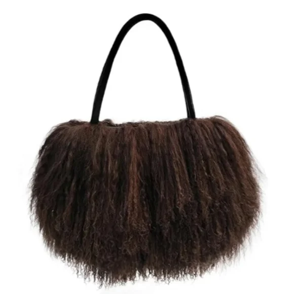New Real Lamb Mongolian Flush Wool Fur With Genuine Leather Handles Handbag - Picture 6 of 7